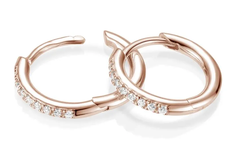 Creolen mit Zirkonia, 14mm - 925 Silber, rosé vergoldet 14mm