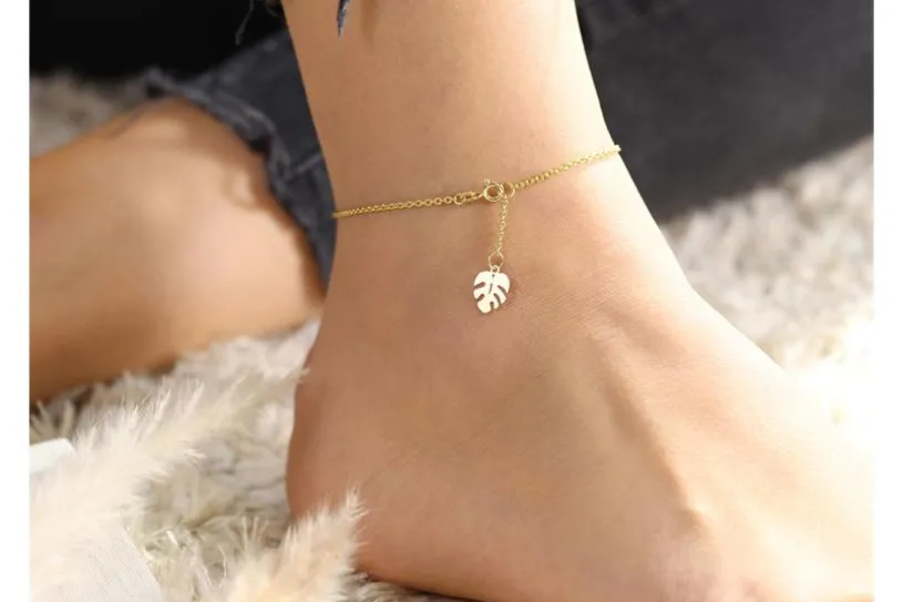 Fußkette Erbse 1,8mm mit Blatt - 585 Gold