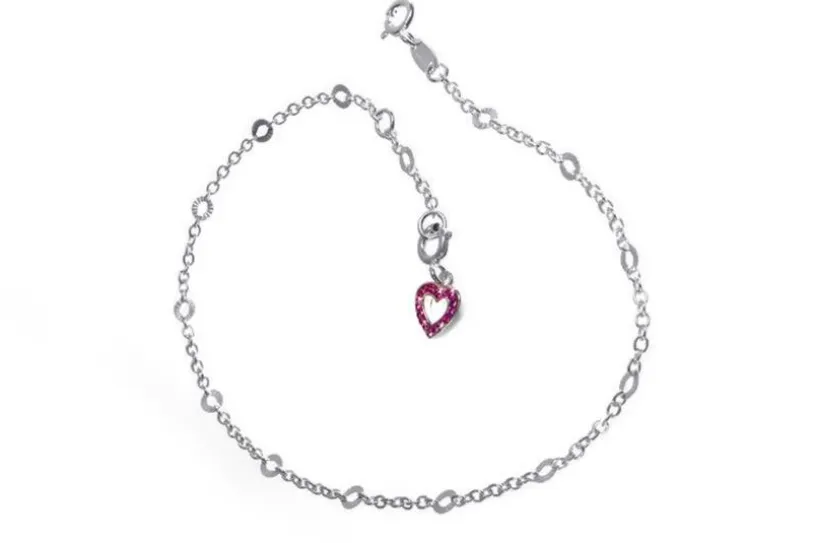 Fußkette Erbse 2mm mit Schliff und Anhänger Herz rot - 925 Silber mit Anhänger Herz rot