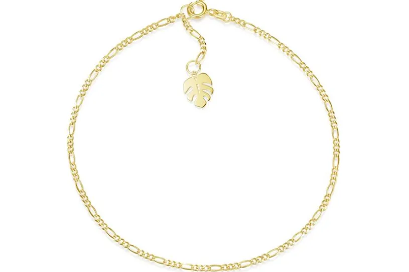 Fußkette Figaro 2mm mit Blatt - 585 Gold