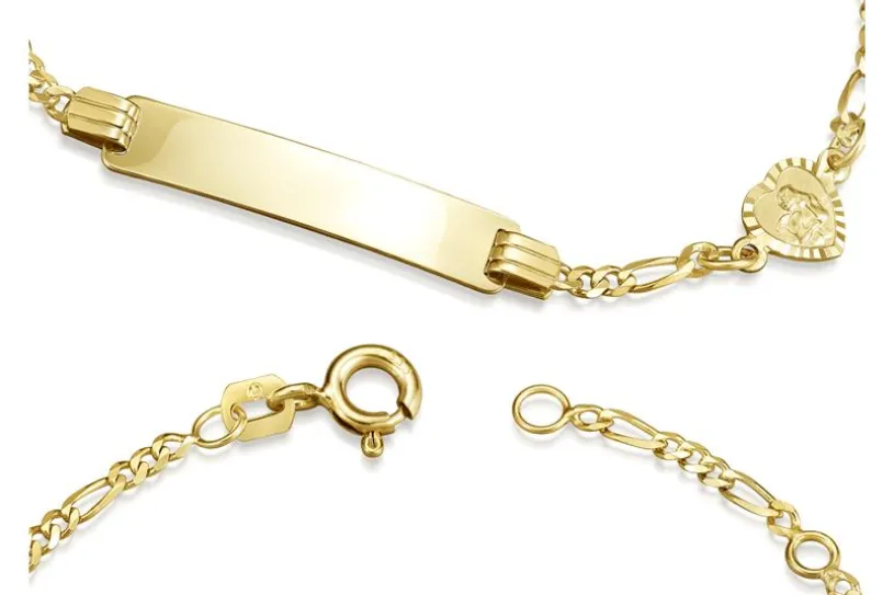 Kinder-Gravurarmband Figaro 2mm mit Herzanhänger und Schutzengel Herz - 333 Gold