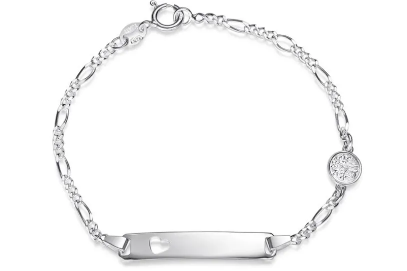 Kinder-Gravurarmband Figaro 2,4mm mit Lebensbaum und ausgestanztem Herz - 925 Silber