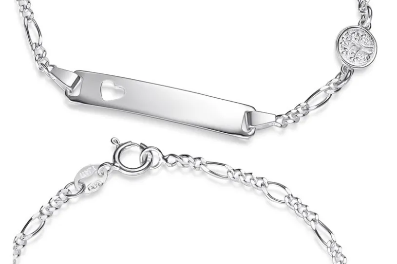 Kinder-Gravurarmband Figaro 2,4mm mit Lebensbaum und ausgestanztem Herz - 925 Silber